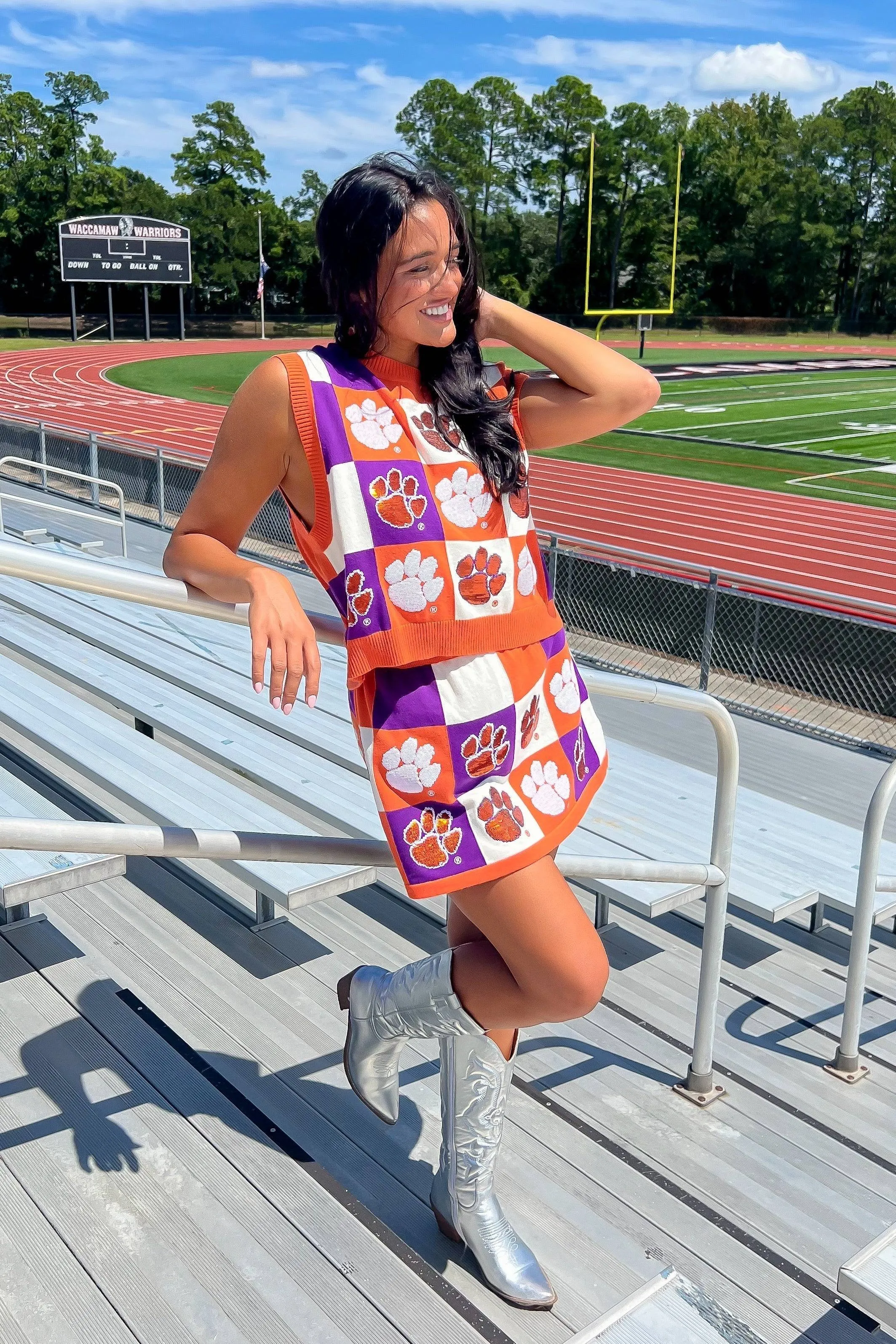 Queen of Sparkles Orange & Purple Checkered Clemson Tiger Tank