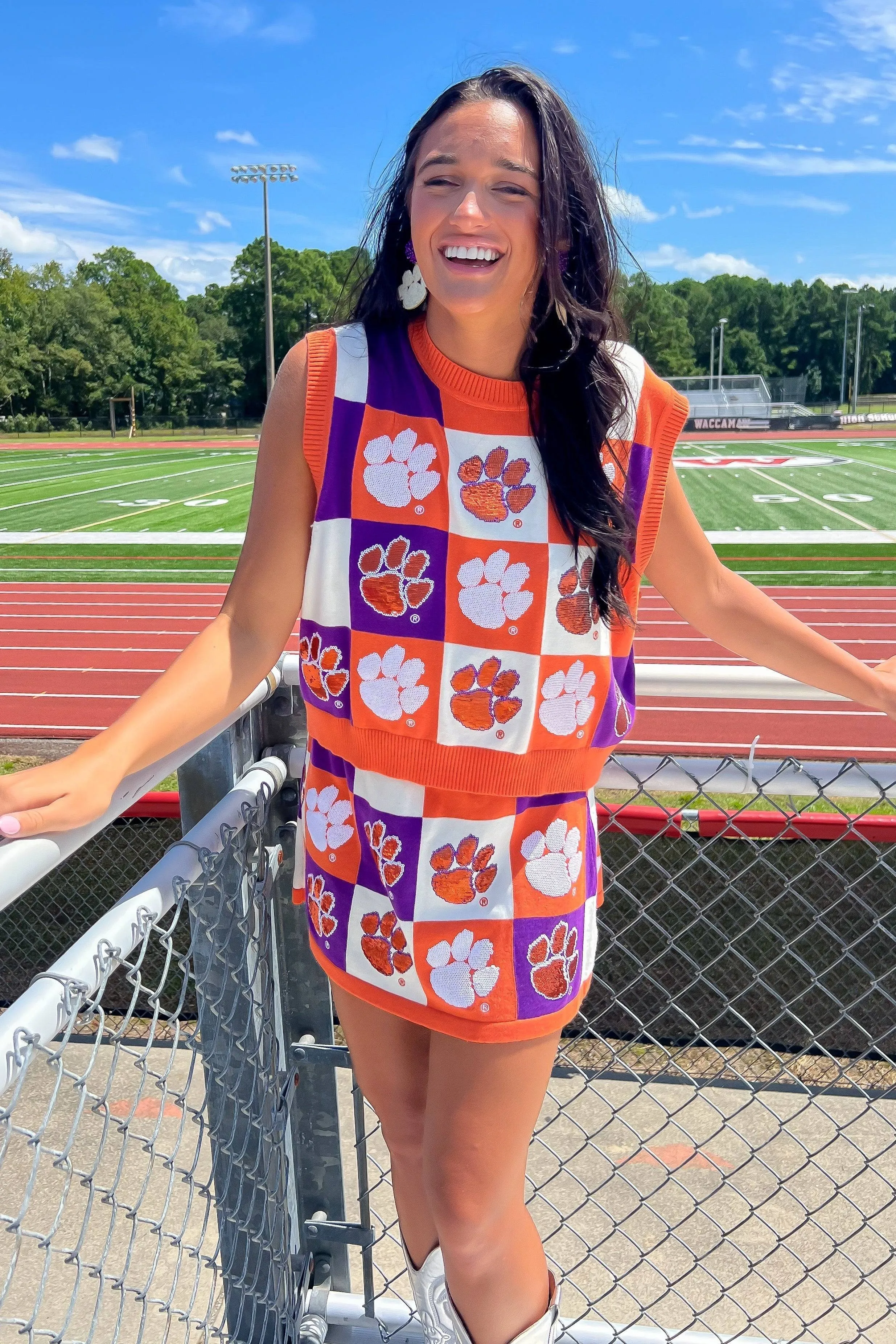 Queen of Sparkles Orange & Purple Checkered Clemson Tiger Tank
