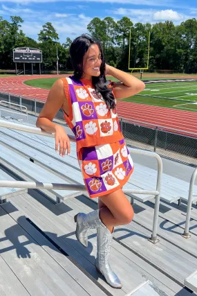 Queen of Sparkles Orange & Purple Checkered Clemson Tiger Tank