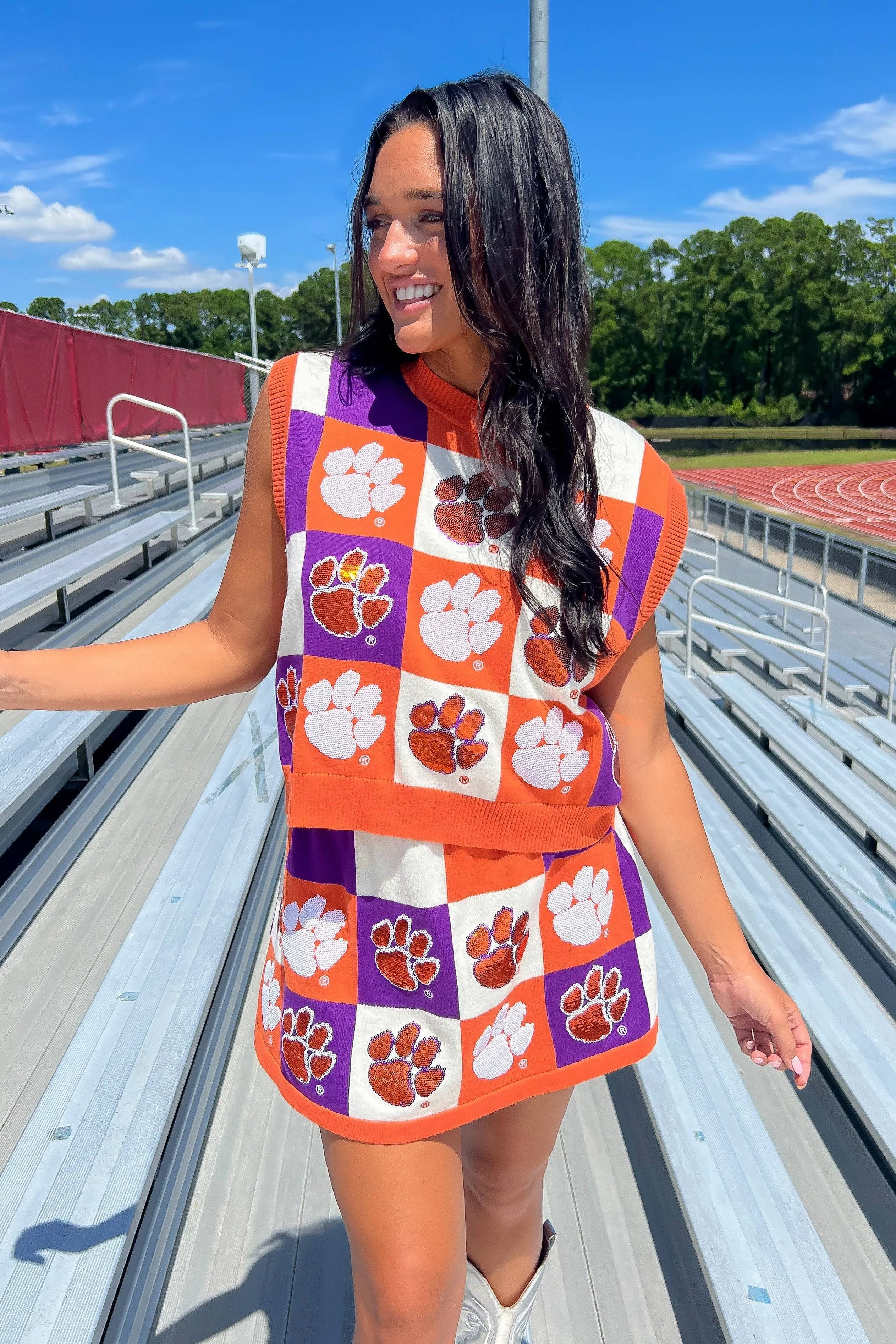 Queen of Sparkles Orange & Purple Checkered Clemson Tiger Tank
