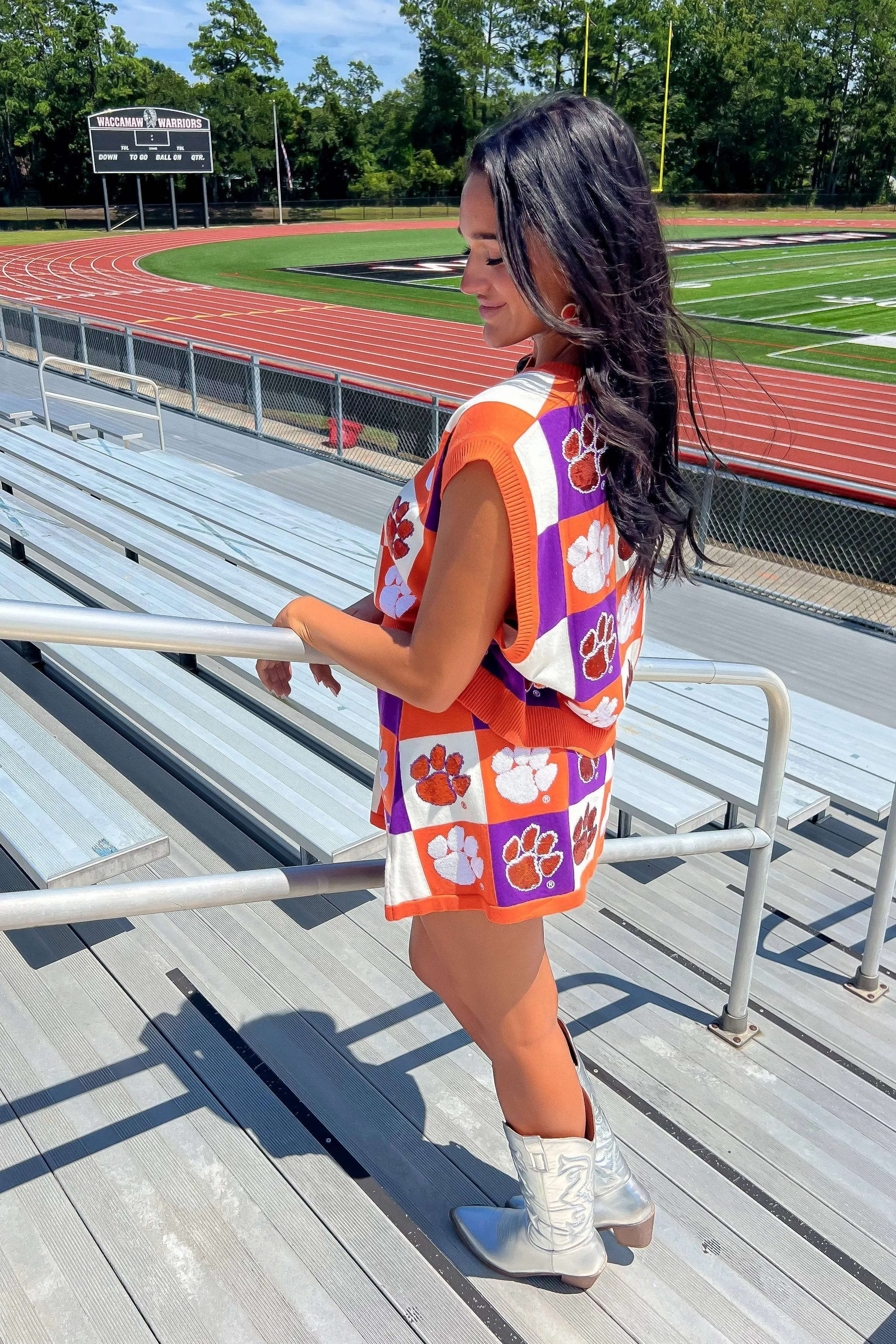Queen of Sparkles Orange & Purple Checkered Clemson Tiger Tank