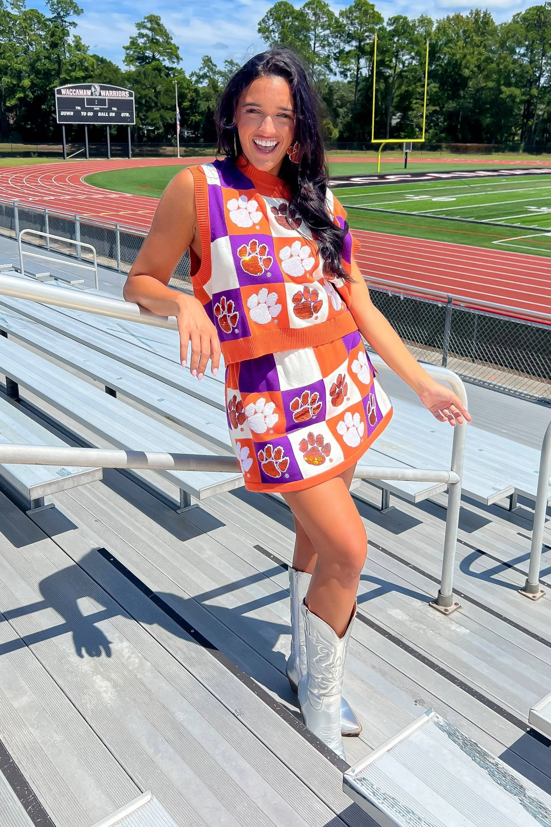 Queen of Sparkles Orange & Purple Checkered Clemson Tiger Tank