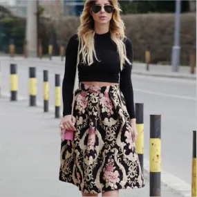 Retro Style Floral Print High Waist Pleated Flared Skirt