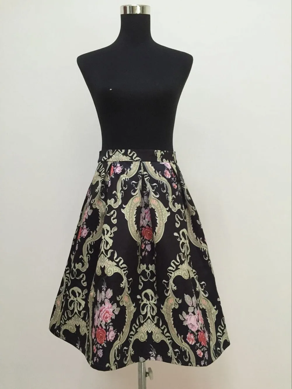 Retro Style Floral Print High Waist Pleated Flared Skirt