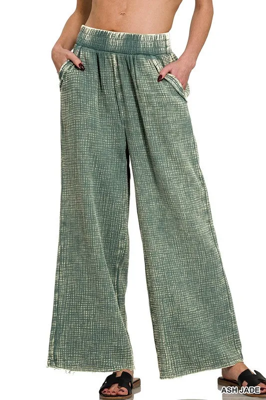 Soft Cotton Gauze Mineral Washed Palazzo Pants: Jade
