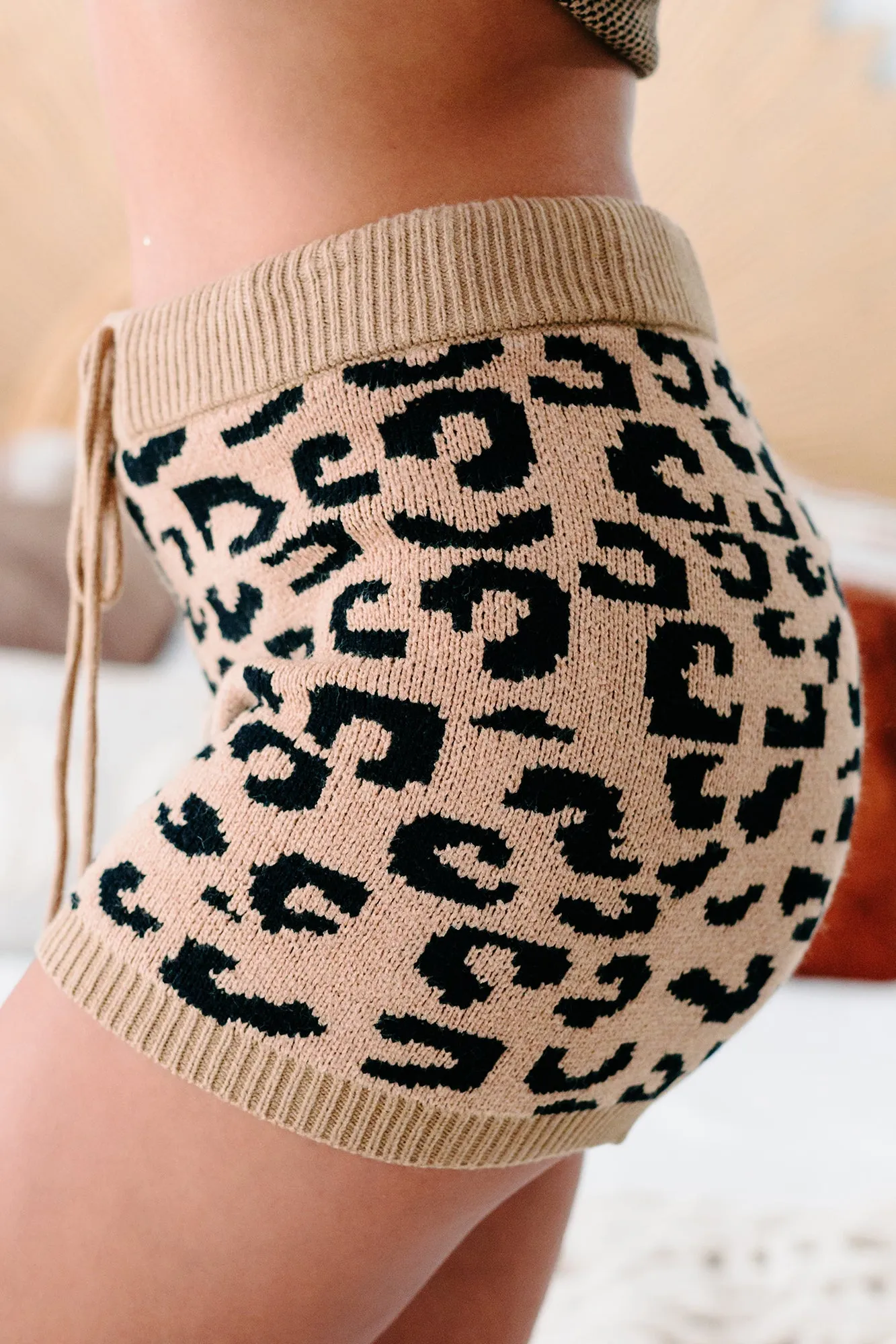 Spot Me Leopard Print High Rise Sweater Shorts (Taupe/Black)