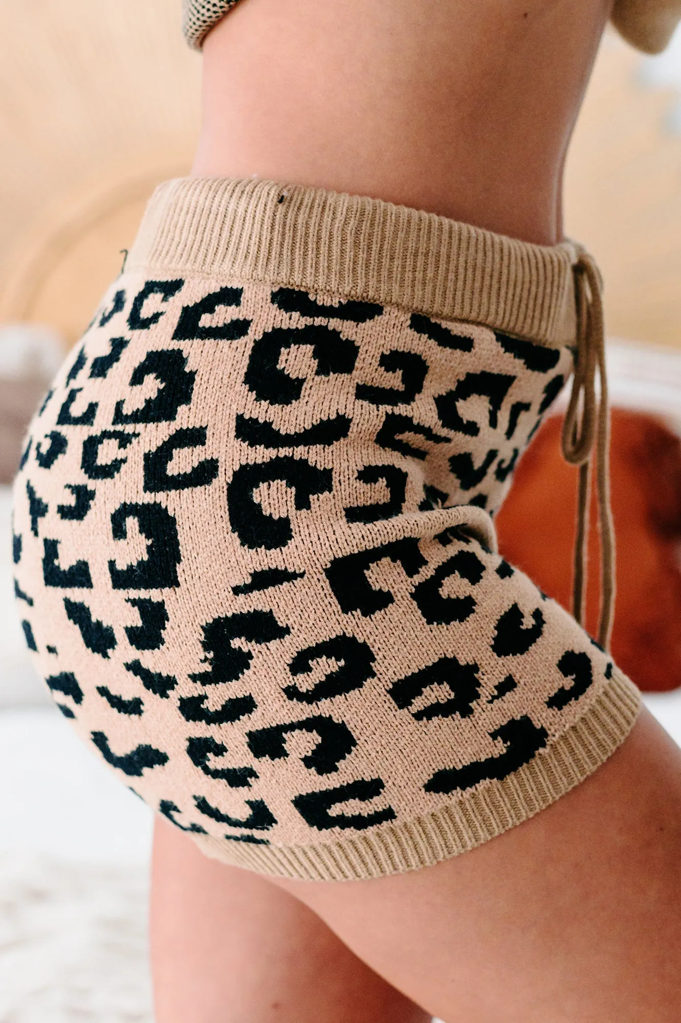 Spot Me Leopard Print High Rise Sweater Shorts (Taupe/Black)