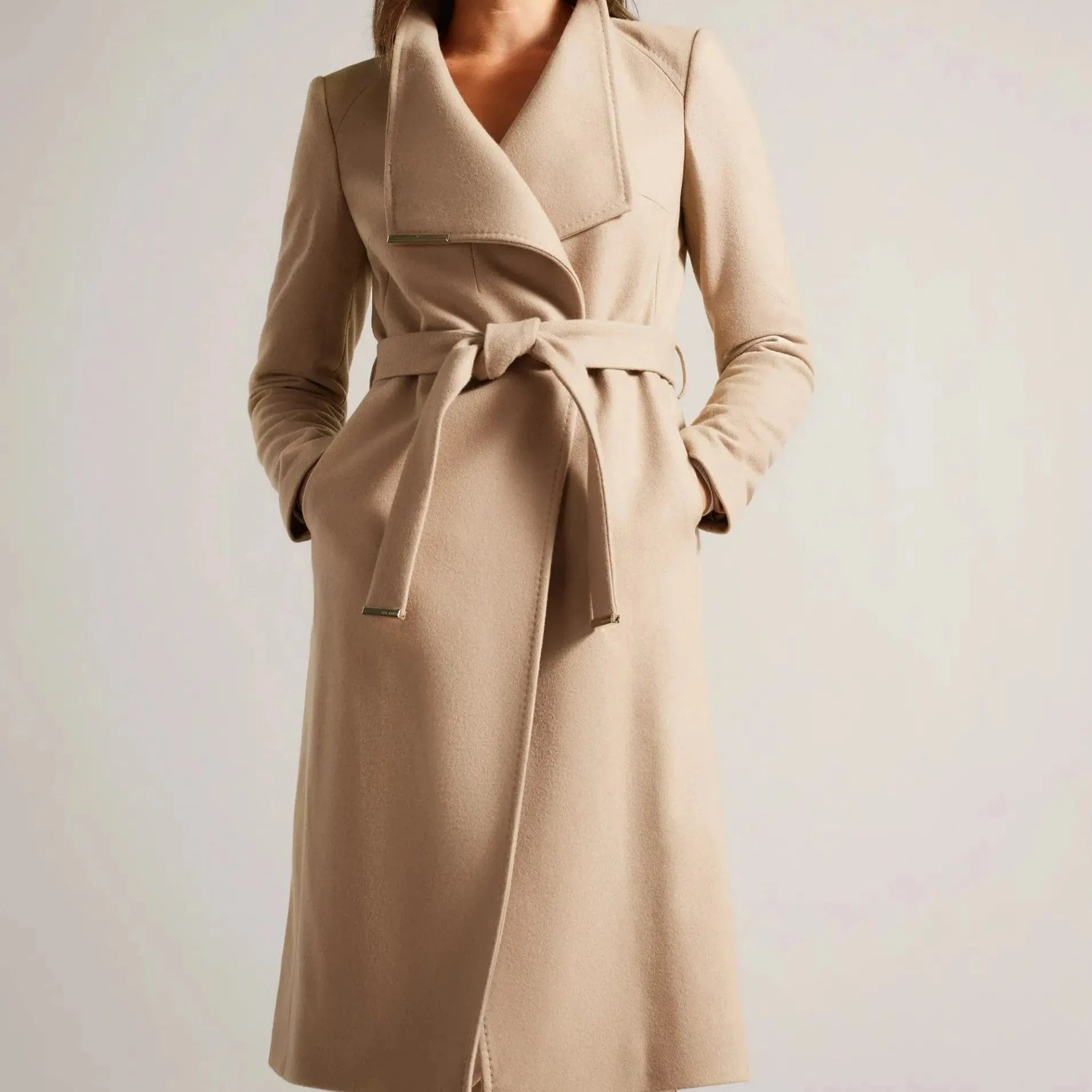 Ted Baker Rose Midi Wool Wrap Coat In Camel