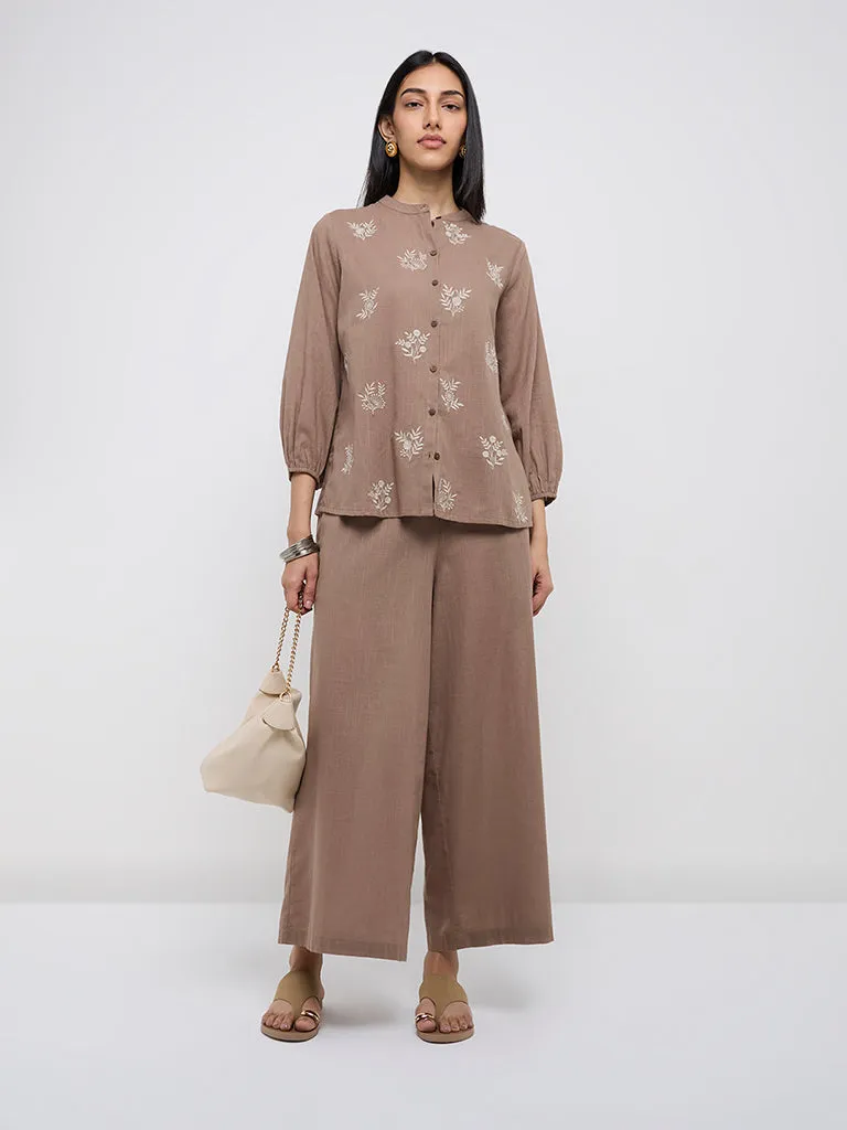 Utsa Taupe Solid Cotton Palazzos