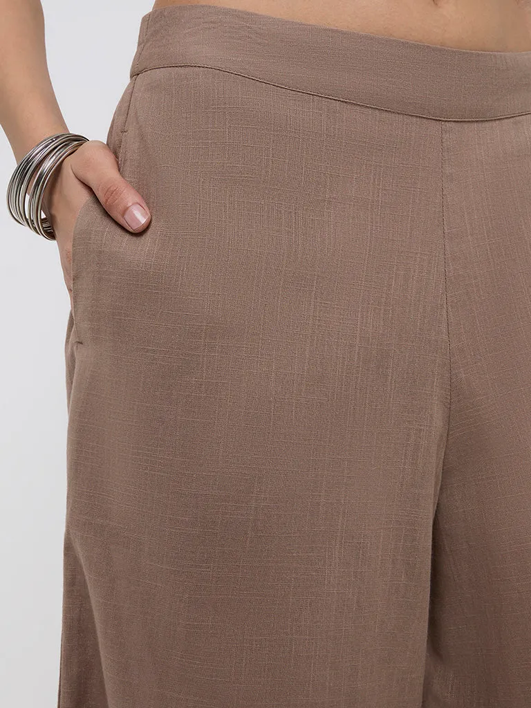 Utsa Taupe Solid Cotton Palazzos