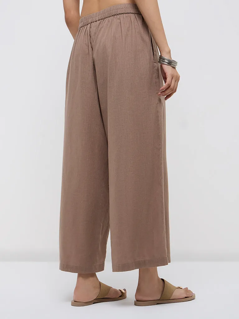 Utsa Taupe Solid Cotton Palazzos