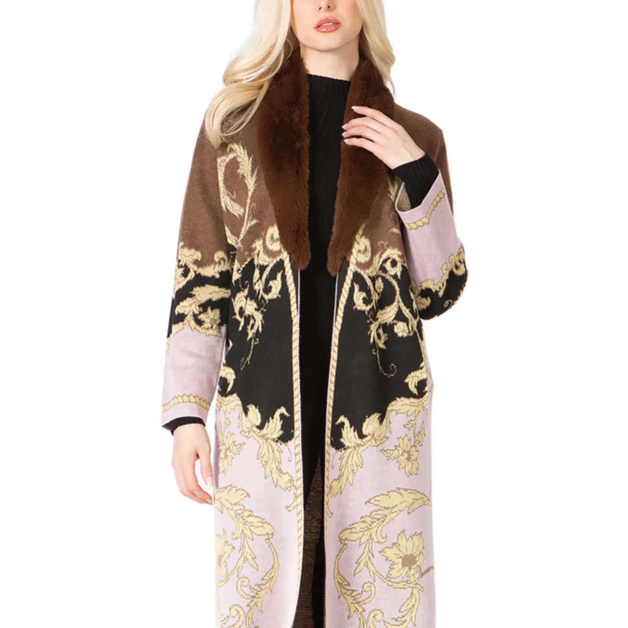 Vertigo Paris Women's Ornate Sunflower Intersia Button Front Knit Duster Coat