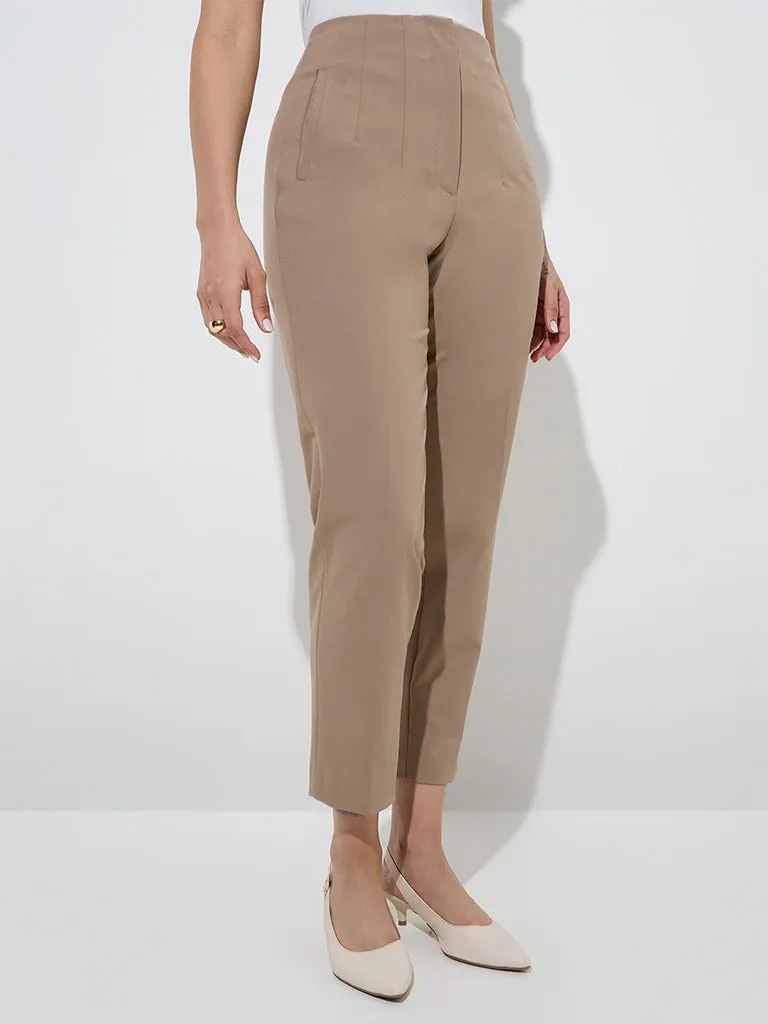 Wardrobe Taupe Solid High-Rise Trousers