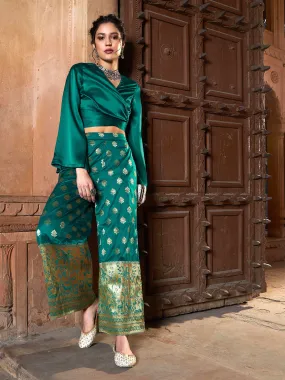 Women Teal Satin Wrap Crop Top With Brocade Palazzos