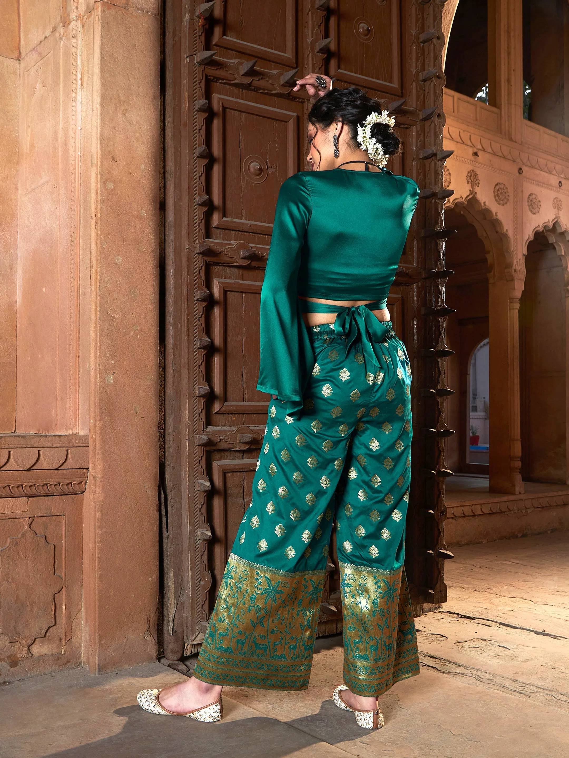 Women Teal Satin Wrap Crop Top With Brocade Palazzos