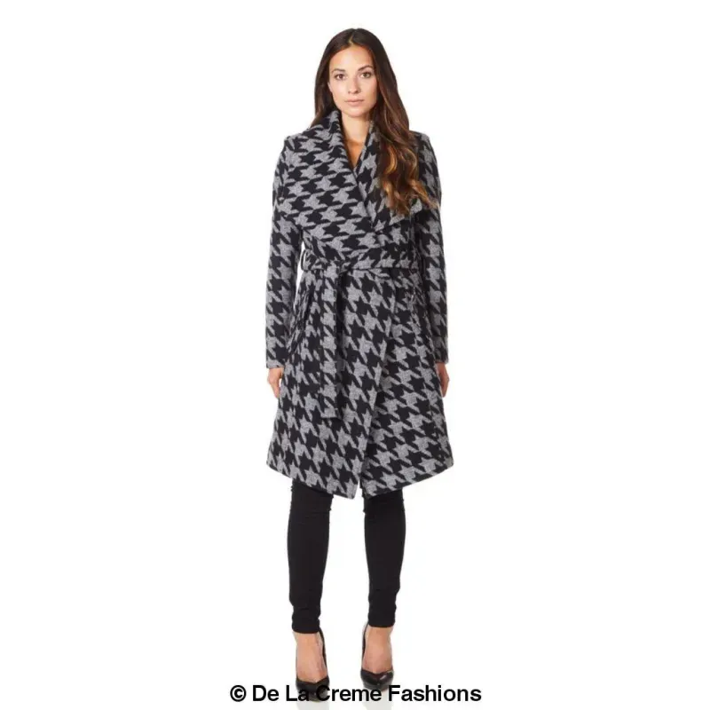 Womens Dogtooth Grey Duster Coat